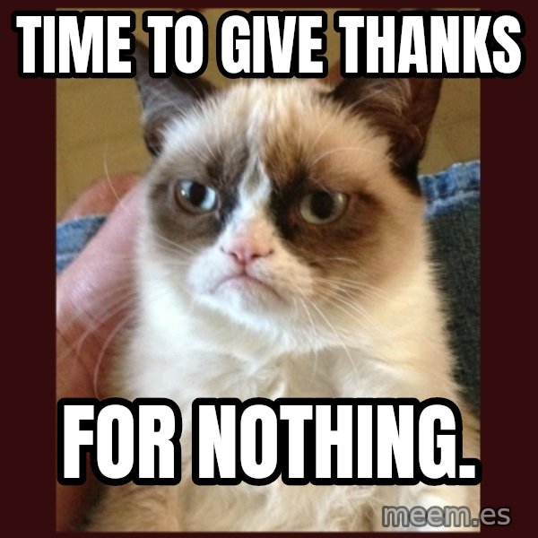 Grumpy Cat  meme: Time to give thanks / for nothing.