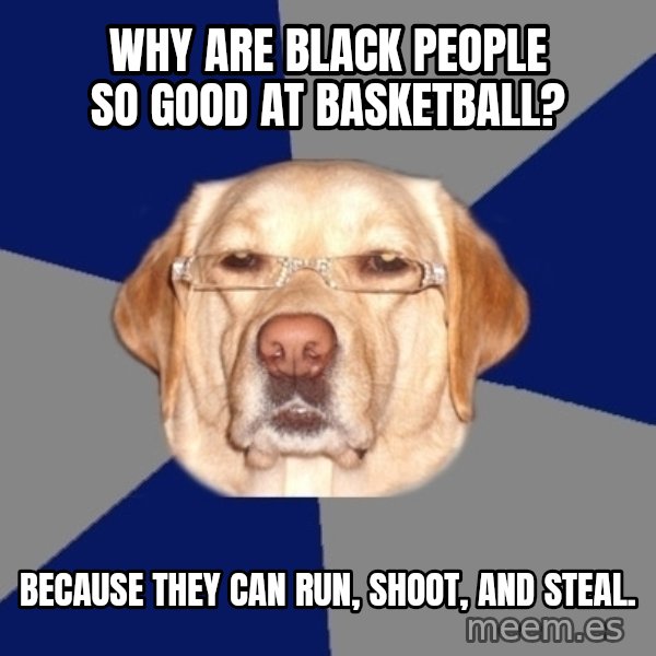 Racist Dog meme: WHY ARE BLACK PEOPLE SO GOOD AT BASKETBALL? / Because they can run, shoot, and steal.