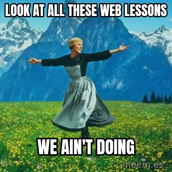 Look at All the Fucks I Give meme: Look at all these web lessons / we ain't doing