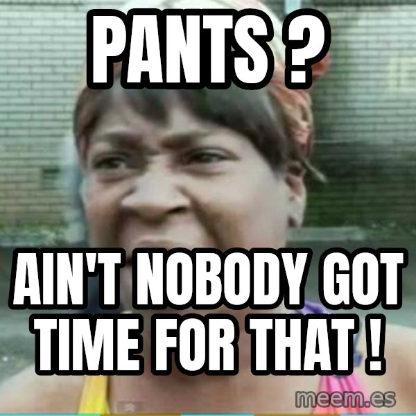 Sweet Brown Meme meme: Pants ? / Ain't nobody got time for that !