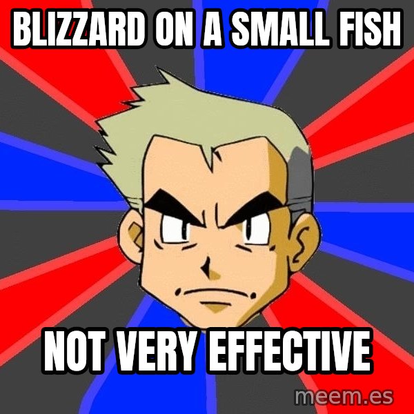 Professor Oak meme: Blizzard on a small fish / Not very effective