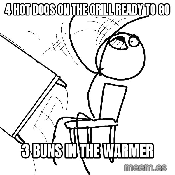 Desk Flip Rage Guy meme: 4 hot dogs on the grill ready to go / 3 buns in the warmer