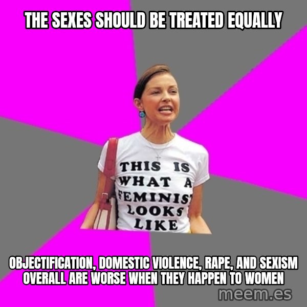 Feminist Cunt meme: the sexes should be treated equally / objectification, domestic violence, rape, and sexism overall are worse when they happen to women