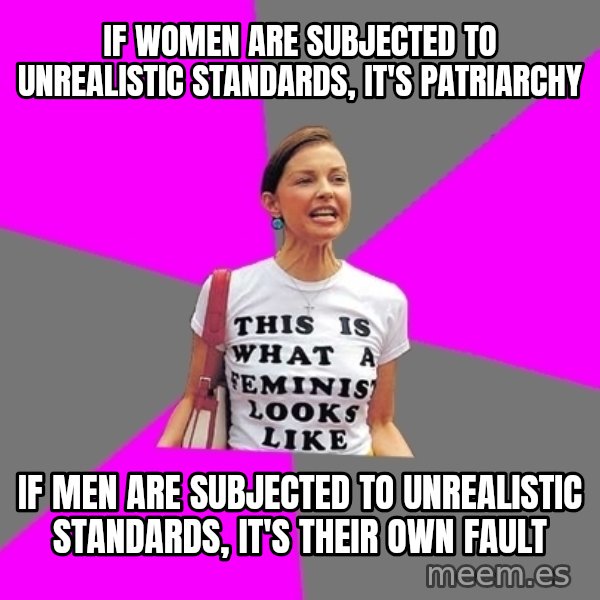 Feminist Cunt meme: if women are subjected to unrealistic standards, it's patriarchy / if men are subjected to unrealistic standards, it's their own fault