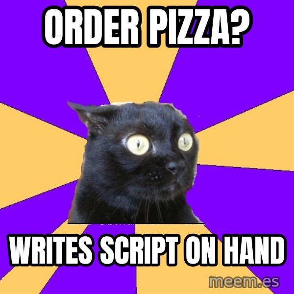 Anxiety Cat meme: Order pizza? / Writes script on hand