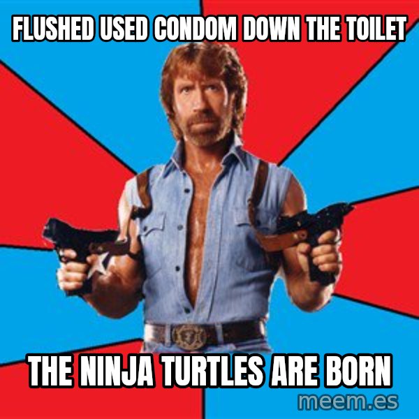 Chuck Norris  meme: flushed used condom down the toilet / the ninja turtles are born