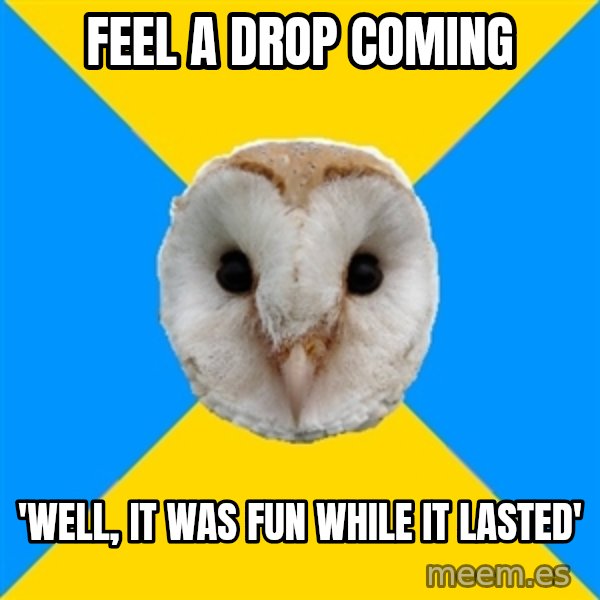 Bipolar Owl meme: feel a drop coming / 'well, it was fun while it lasted'