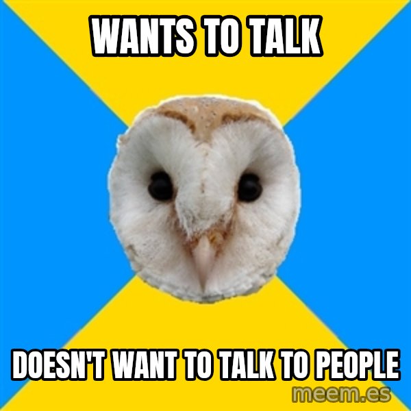 Bipolar Owl meme: Wants to talk / doesn't want to talk to people