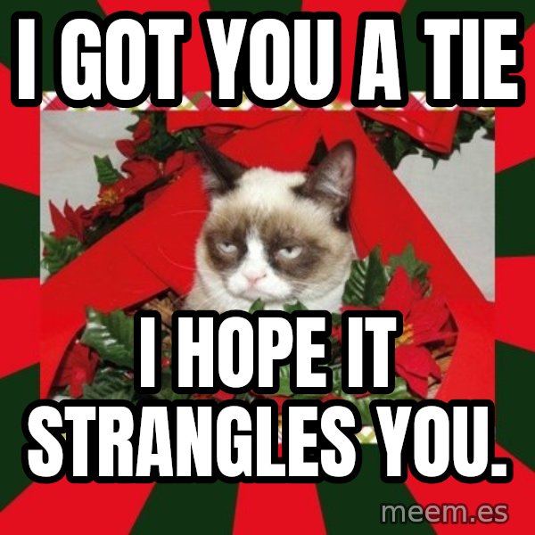 GRUMPY CAT ON CHRISTMAS meme: I got you a tie / I hope it stRangles You.