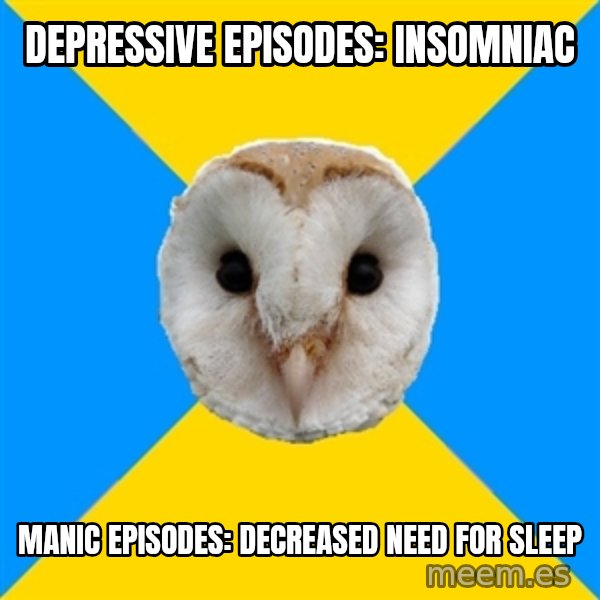 Bipolar Owl meme: Depressive episodes: insomniac / Manic episodes: decreased need for sleep