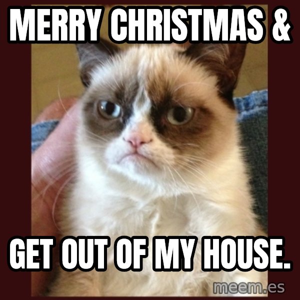 Grumpy Cat  meme: merry christmas & / Get out of my house.