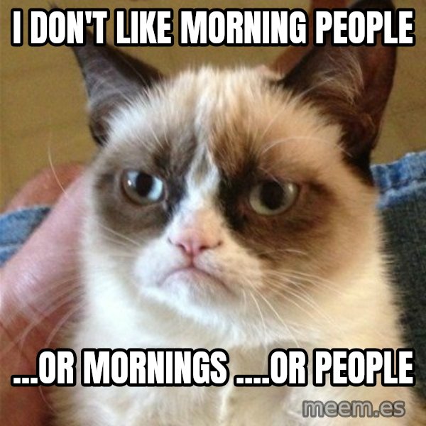 Grumpy Cat  meme: I don't like morning people / ...or mornings  ....or people