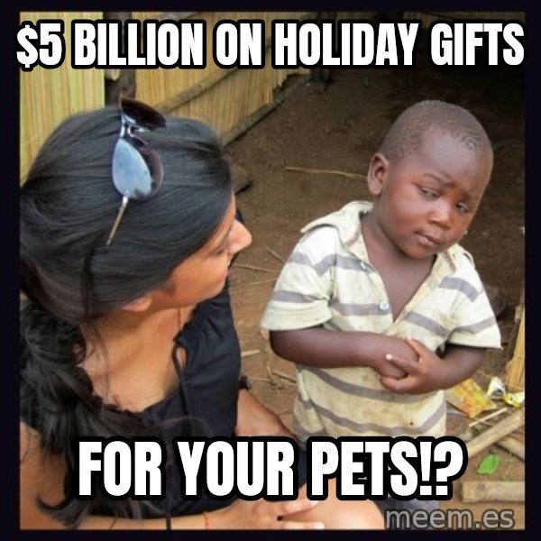 Skeptical third-world kid meme: $5 billion on holiday gifts / FOR YOUR PETS!?