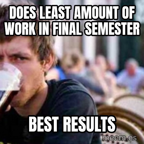 The Lazy College Senior meme: does least amount of work in final semester / best results