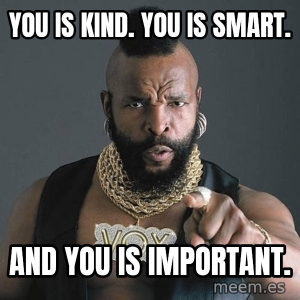 Mr T meme: YOU IS KIND. YOU IS SMART. / AND YOU IS IMPORTANT.
