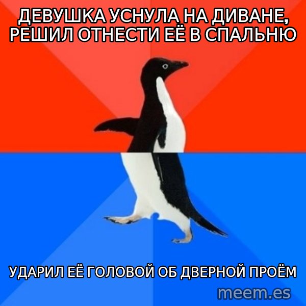 Socially Awesome Awkward Penguin meme: Девушка уснула на диване, решил отнести её в спальню / ударил её головой об дверной проём
