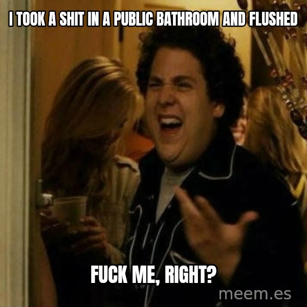 Fuck me right meme: I TOOK A SHIT IN A PUBLIC BATHROOM AND FLUSHED / FUCK ME, RIGHT?