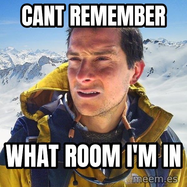 Bear Grylls Loneliness meme: cant remember / what room i'm in