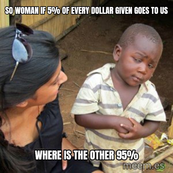 Skeptical 3rd World Kid meme: so woman if 5% of every dollar given goes to us / where is the other 95%
