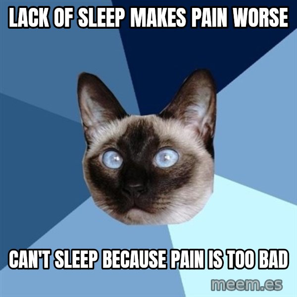 Chronic Illness Cat meme: lack of sleep makes pain worse / can't sleep because pain is too bad