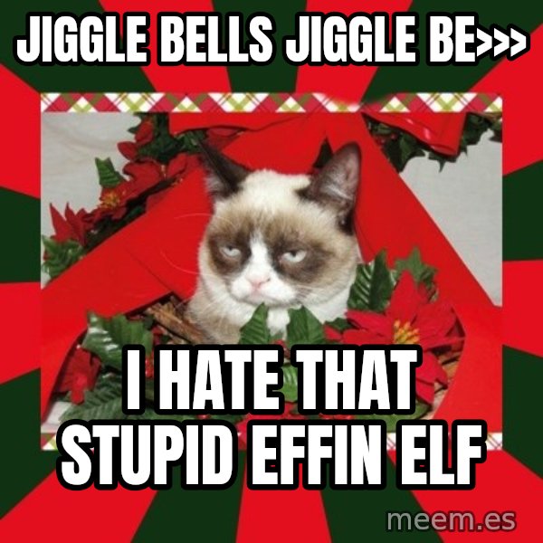 GRUMPY CAT ON CHRISTMAS meme: JIGGLE BELLS JIGGLE BE>>> / I HATE THAT STUPID EFFIN ELF