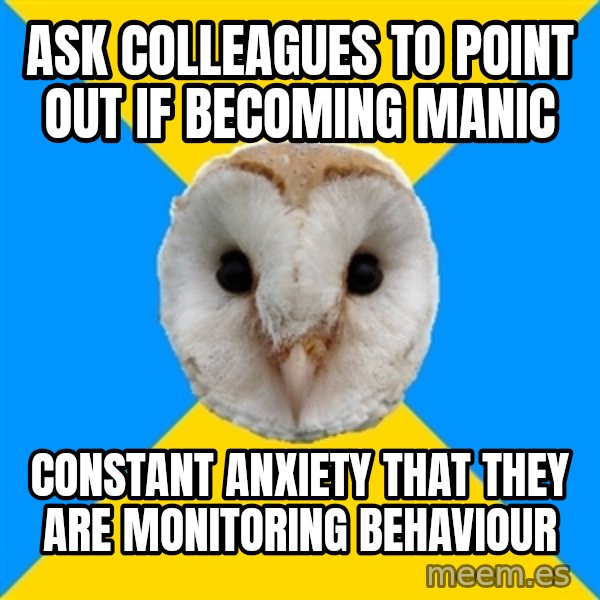 Bipolar Owl meme: ask colleagues to point out if becoming manic / constant anxiety that they are monitoring behaviour