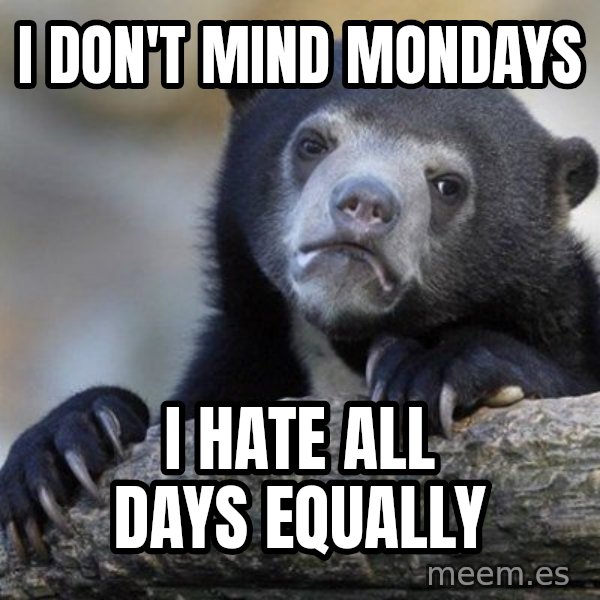 Confession Bear meme: I don't mind mondays / i hate all days equally