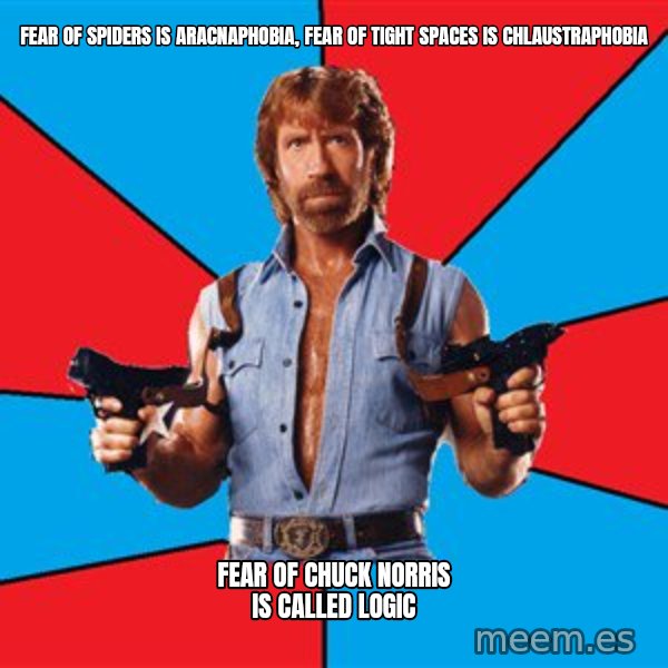Chuck Norris  meme: Fear of spiders is aracnaphobia, fear of tight spaces is chlaustraphobia / fear of Chuck Norris is called Logic