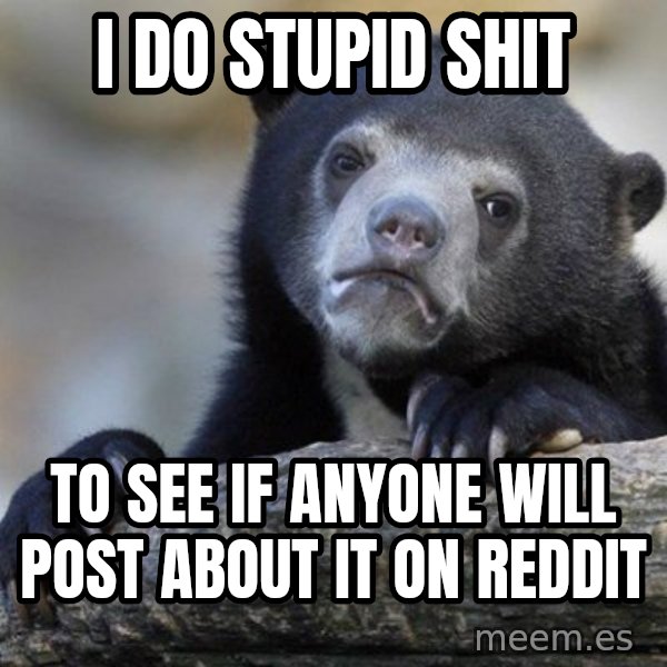 Confession Bear meme: I do stupid shit / To see if anyone will post about it on reddit