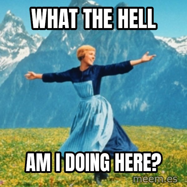 Sound Of Music Lady meme: WHAT THE HELL / AM I DOING HERE?