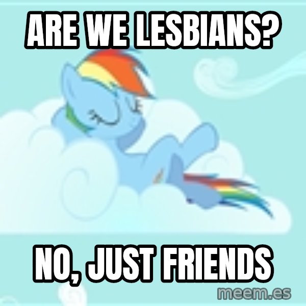 My Little Pony meme: Are we lesbians? / no, just friends
