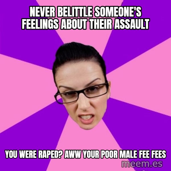 Privilege Denying Feminist meme: NEVER BELITTLE SOMEONE'S FEELINGS ABOUT THEIR ASSAULT / YOU WERE RAPED? AWW YOUR POOR MALE FEE FEES