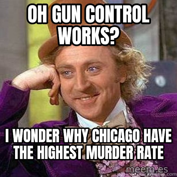 Willy Wonka meme: Oh gun control works? / I wonder why chicago have the highest murder rate