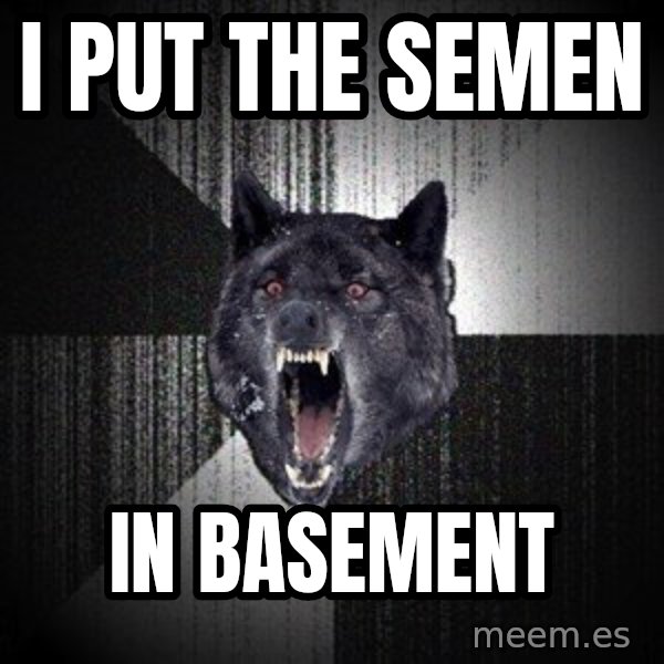 Insanity Wolf meme: i put the semen / in basement
