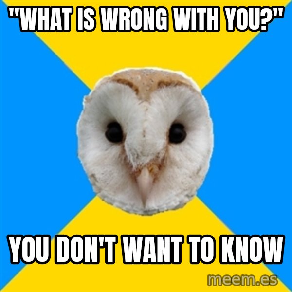 Bipolar Owl meme: "what is wrong    with you?" / you don't want      to know