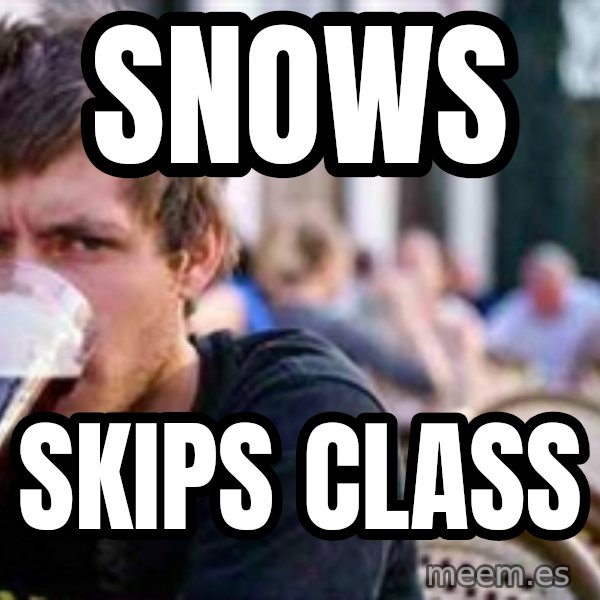 The Lazy College Senior meme: Snows / Skips class