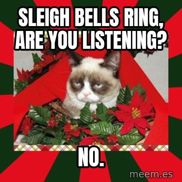 GRUMPY CAT ON CHRISTMAS meme: sleigh bells ring, are you listening? / no.