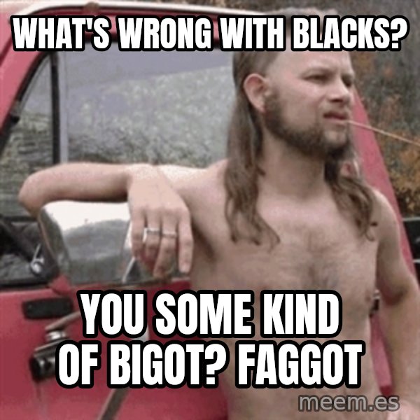 Almost Politically Correct Redneck meme: What's wrong with bLacks? / You some kind of bigot? fagGot