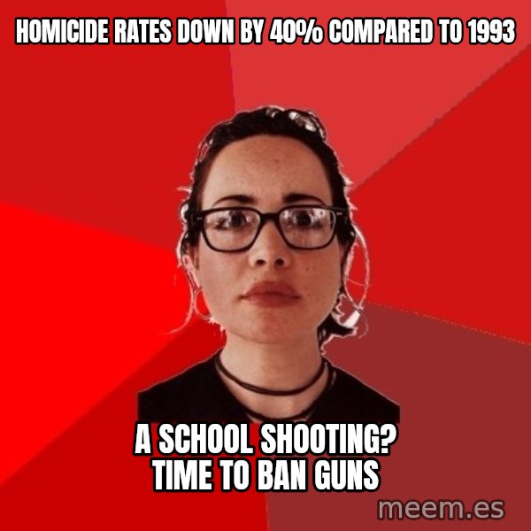 Liberal Douche Garofalo meme: Homicide rates down by 40% compared to 1993 / a school shooting? time to ban guns