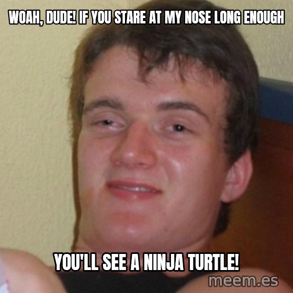 Stoner Stanley meme: Woah, dude! IF you stare at my nose long enough / you'll see a Ninja Turtle!
