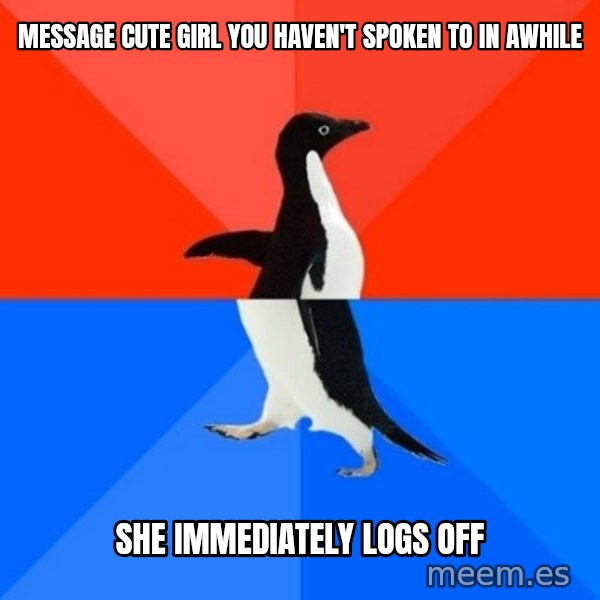 Socially Awesome Awkward Penguin meme: Message cute girl you haven't spoken to in awhile / she IMMEDIATELY logs off