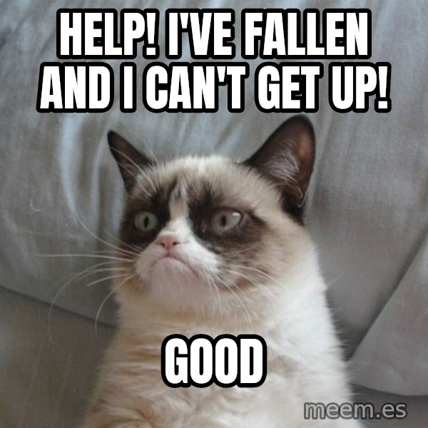 Grumpy cat good meme: Help! I've fallen and I can't get up! / Good