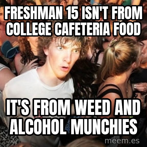 Sudden Realization Ralph meme: freshman 15 isn't from college cafeteria food / it's from weed and alcohol munchies