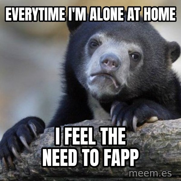 Confession Bear meme: everytime i'm alone at home / i feel the need to fapp