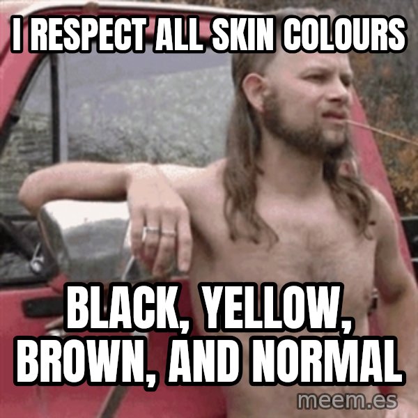 Almost Politically Correct Redneck meme: I RESPECT ALL skin colours / black, yellow, brown, and normal