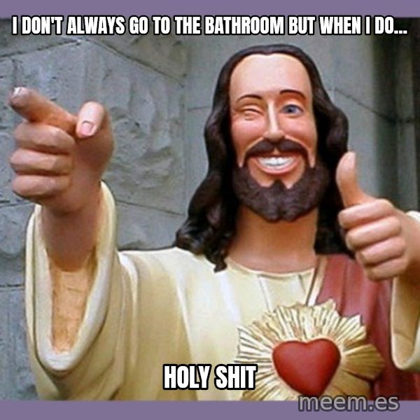 buddy jesus meme: I DON'T ALWAYS GO TO THE BATHROOM BUT WHEN I DO... / HOLY SHIT