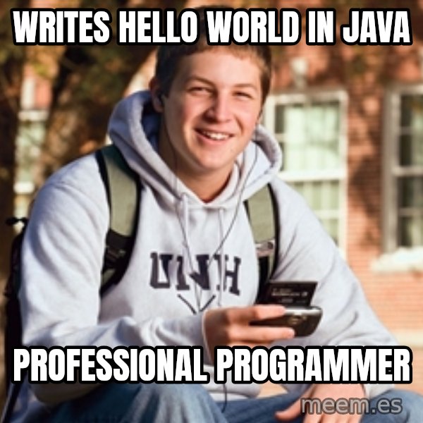 College Freshman meme: Writes Hello World in Java / professional programmer