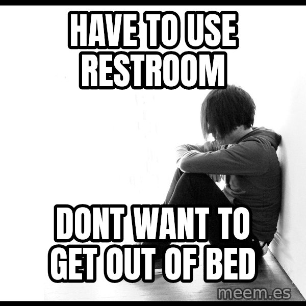 First World Problems meme: have to use restroom / dont want to get out of bed