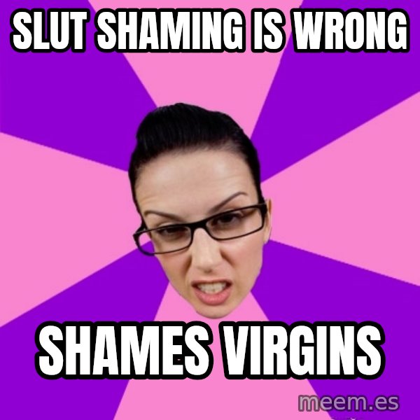 Privilege Denying Feminist meme: slut shaming is wrong / shames virgins