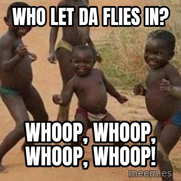 african children dancing meme: Who let da flies in? / Whoop, whoop, whoop, whoop!